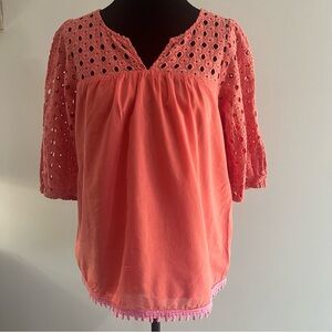 Jade Melody Tam Orange Pink Embroidered Lace Eyelet Women's Blouse Shirt Top